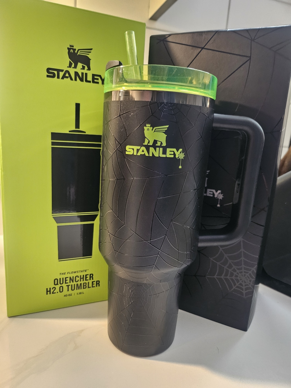 Stanley Black Tumbler with Neon Green Lid and Straw 2024 Limited Edition